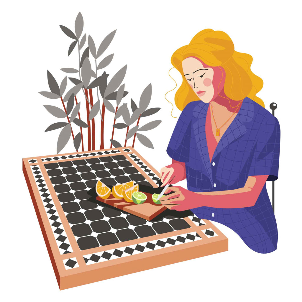 Girl Cutting Orange and Lime Illustration (AI, SVG, EPS, PNG)